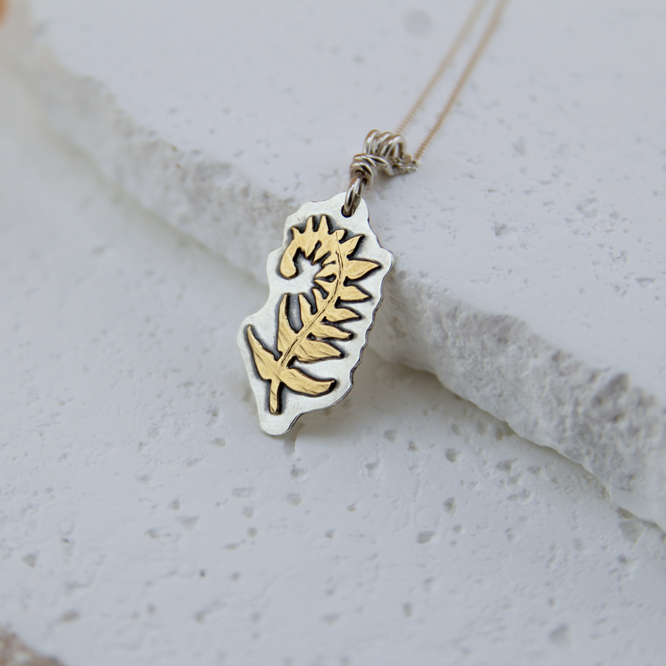 Heritage Fern necklace in brass and sterling silver.