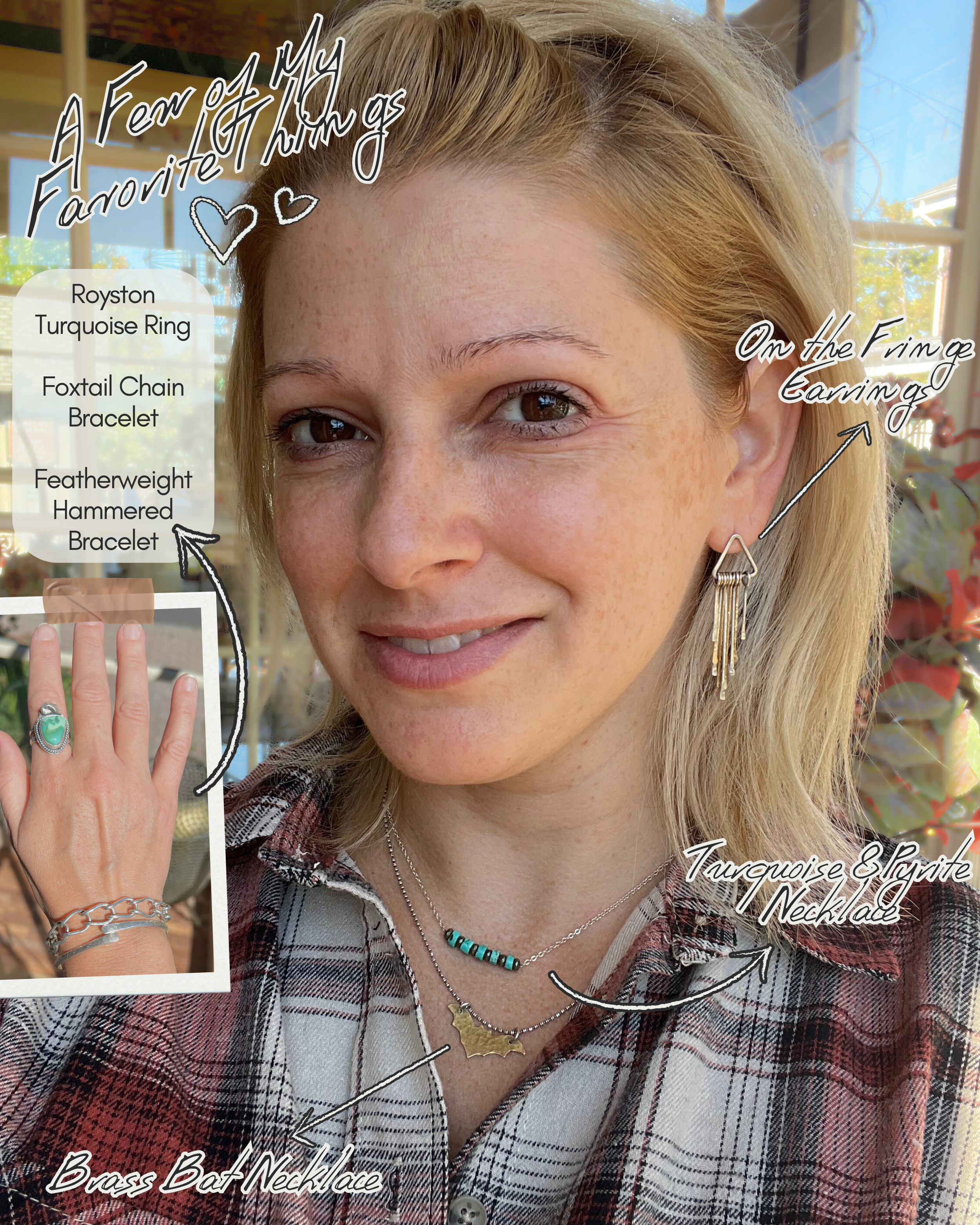 This is and image with text. Its a woman wearing some layers of jewelry and text describes each piece from earrings to rings.