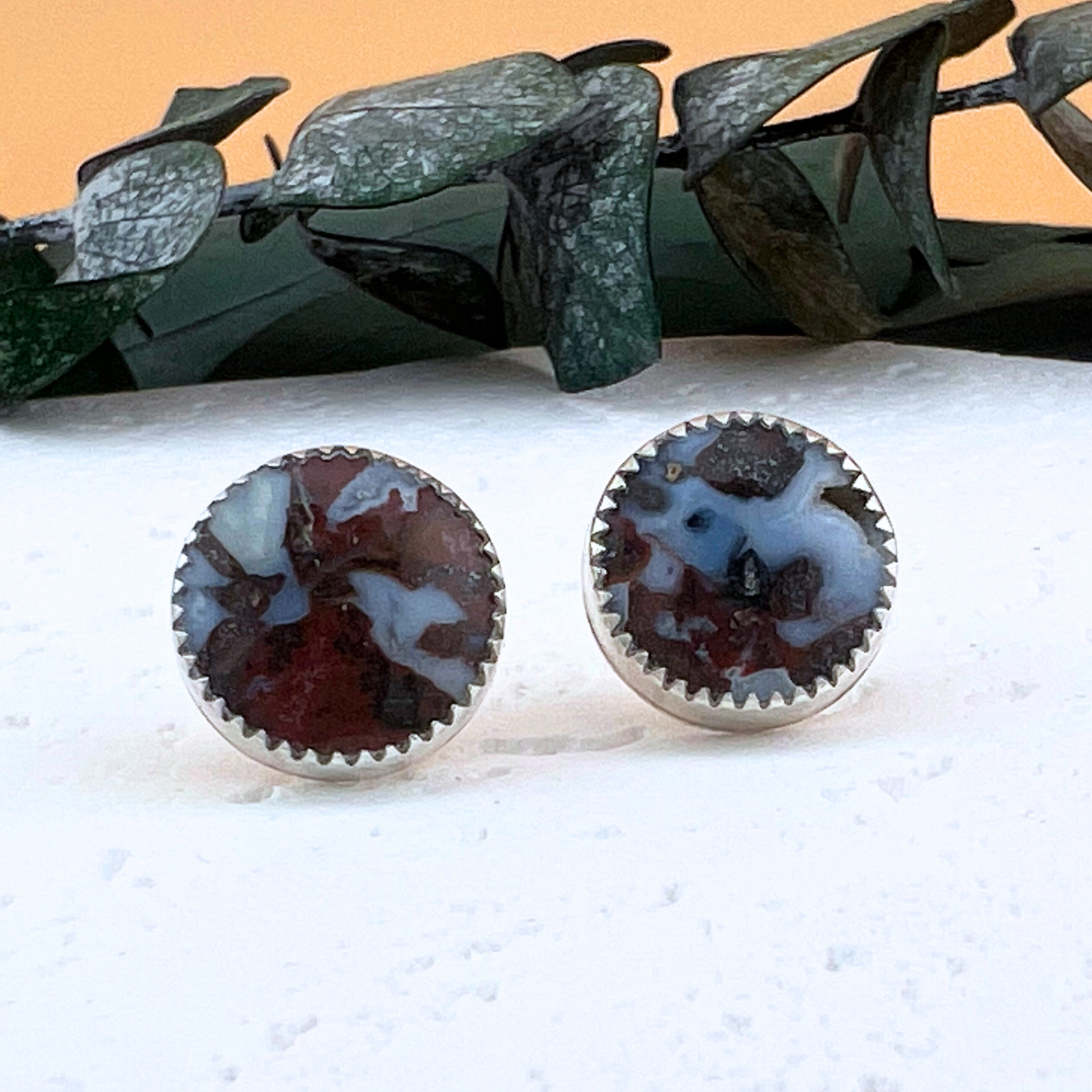 Beautifully bold red lace agate large sterling silver stud earrings.