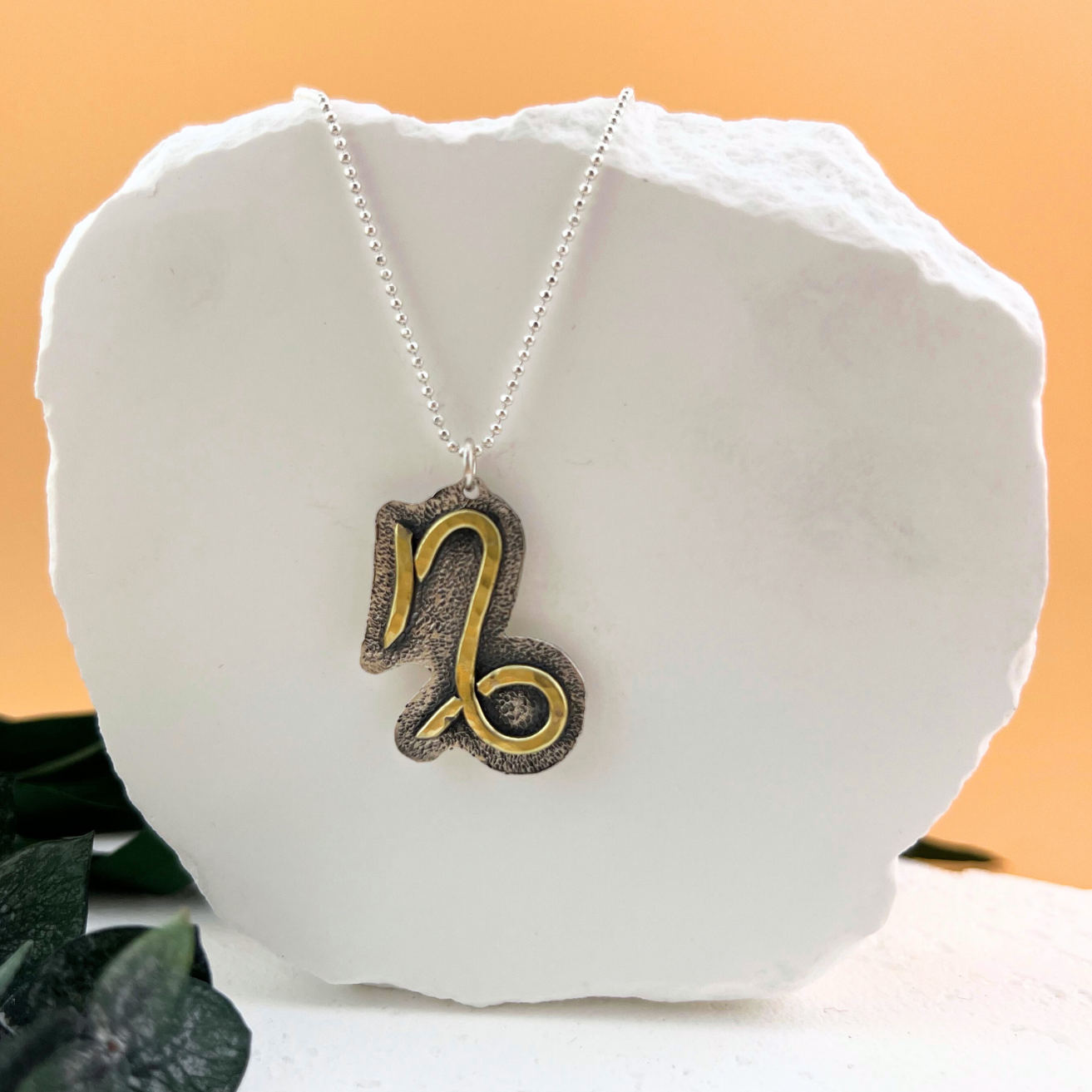 Capricorn zodiac necklace with brass symbol on textured sterling silver.