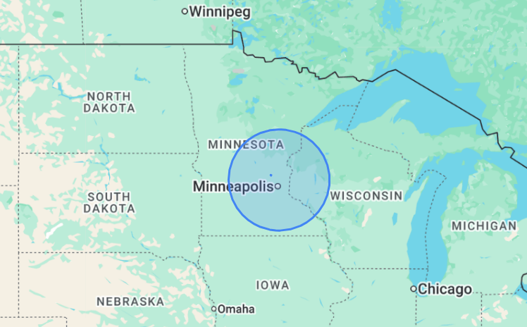Map highlighting Minneapolis in Minnesota with a blue circle around the area.