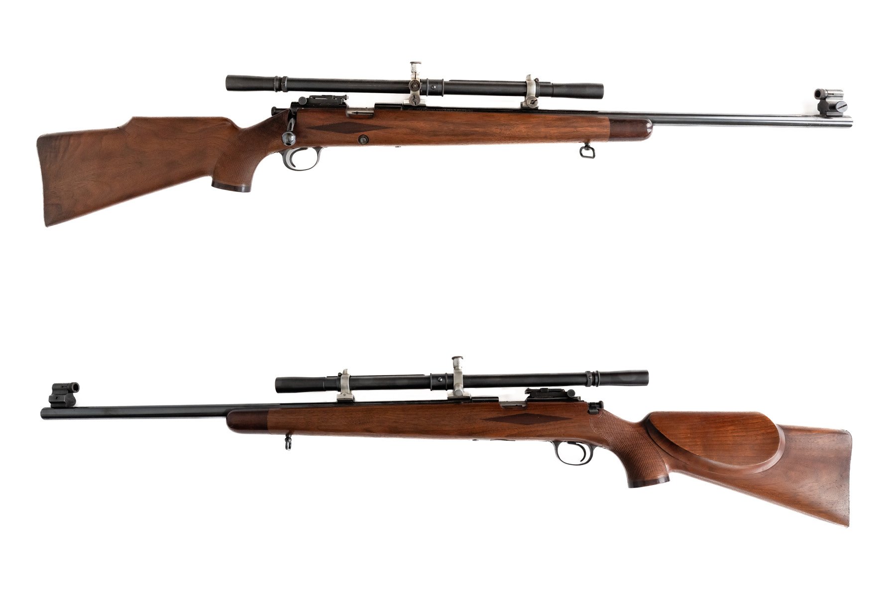 12 - Winchester Model 52, .22 long rifle target, Serial # 4 digits (buried in the wood), Pre 1927, w/ J.W. Fecker scope 3426 external adjustment, correct front and rear site, front site removable, restocked, upgraded with new stock, barrel length 24”