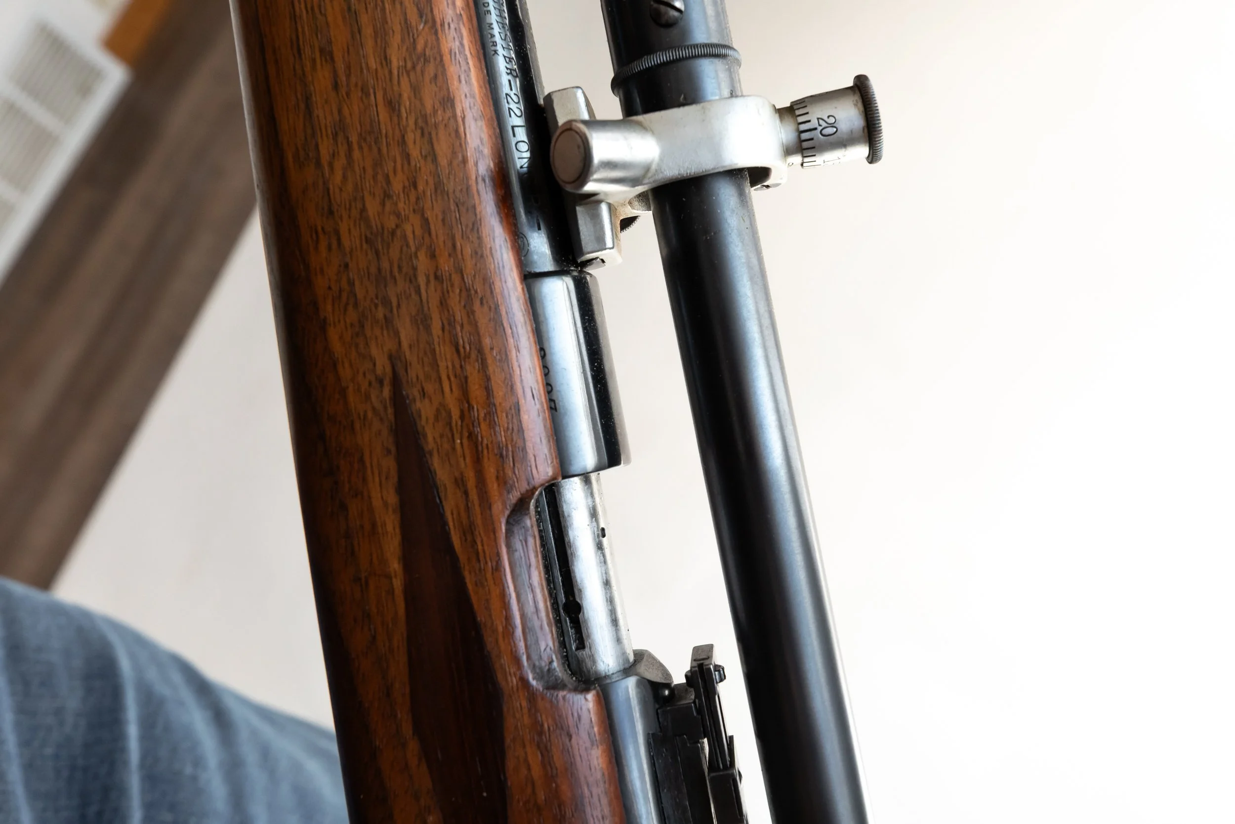 12 - Winchester Model 52, .22 long rifle target, Serial # 4 digits (buried in the wood), Pre 1927, w/ J.W. Fecker scope 3426 external adjustment, correct front and rear site, front site removable, restocked, upgraded with new stock, barrel length 24”