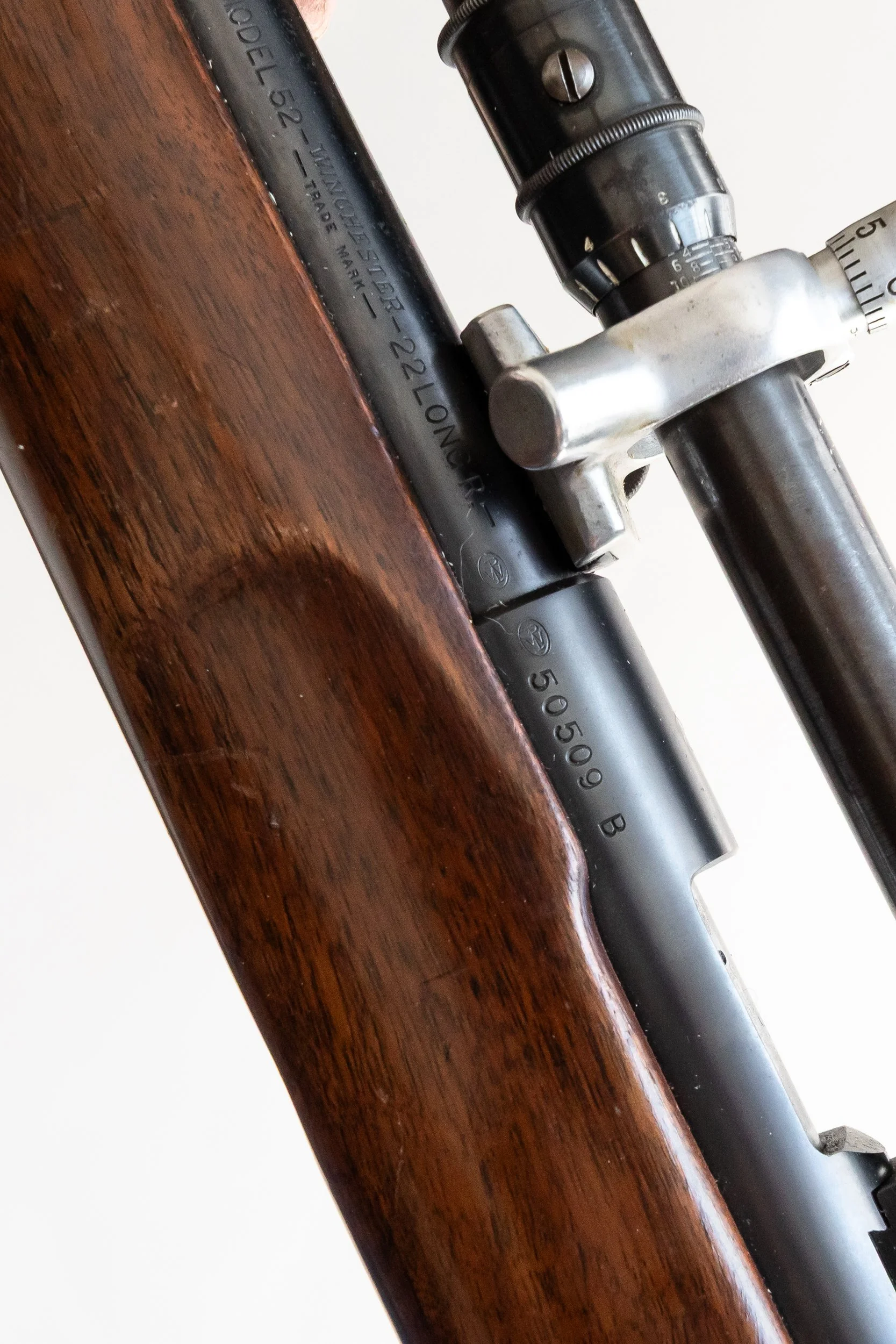 13 - Winchester Model 52, .22 long rifle target, Serial # 50509B, Man. 1942, , J.W. Fecker scope, correct front and rear sights