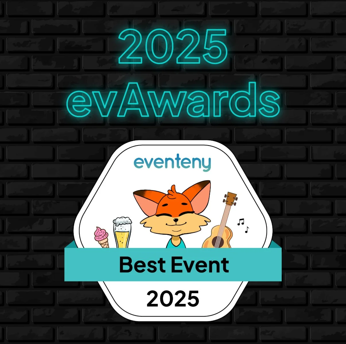 Neon sign reading '2025 eV Awards' above a badge with a fox character, an ice cream cone, a beer, and a guitar, with text 'Best Event 2025' and 'eventeny'.