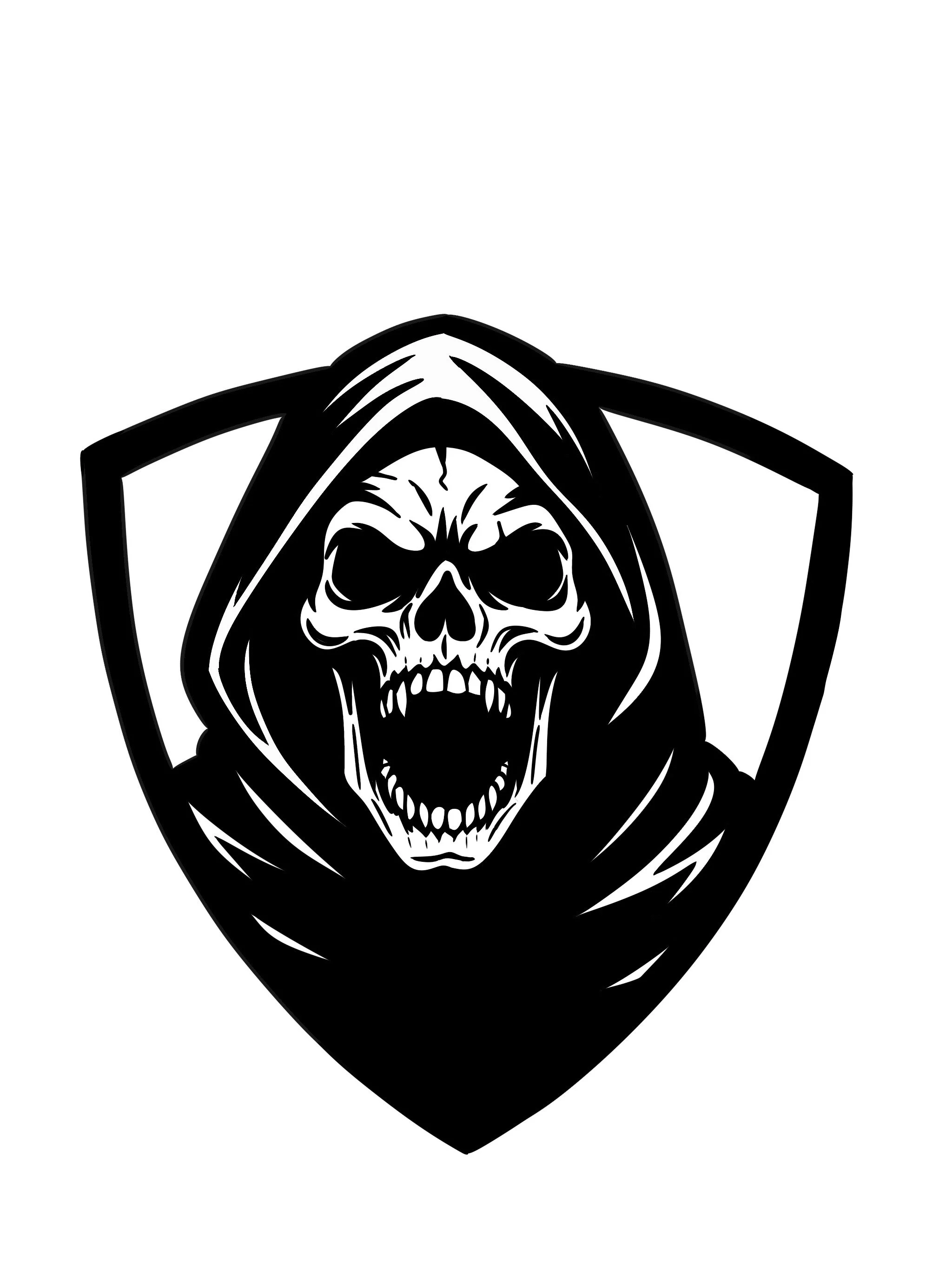 Black and white illustration of a menacing skull with empty eye sockets, sharp teeth, and an open mouth, wearing a hooded cloak, integrated into a shield-shaped frame.