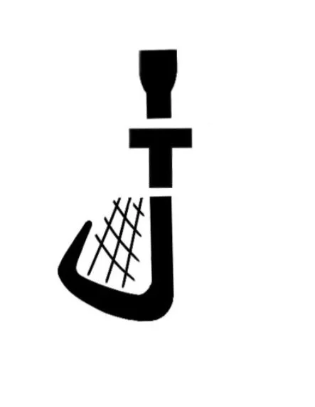 A stylized black and white illustration of a golf club and golf ball.