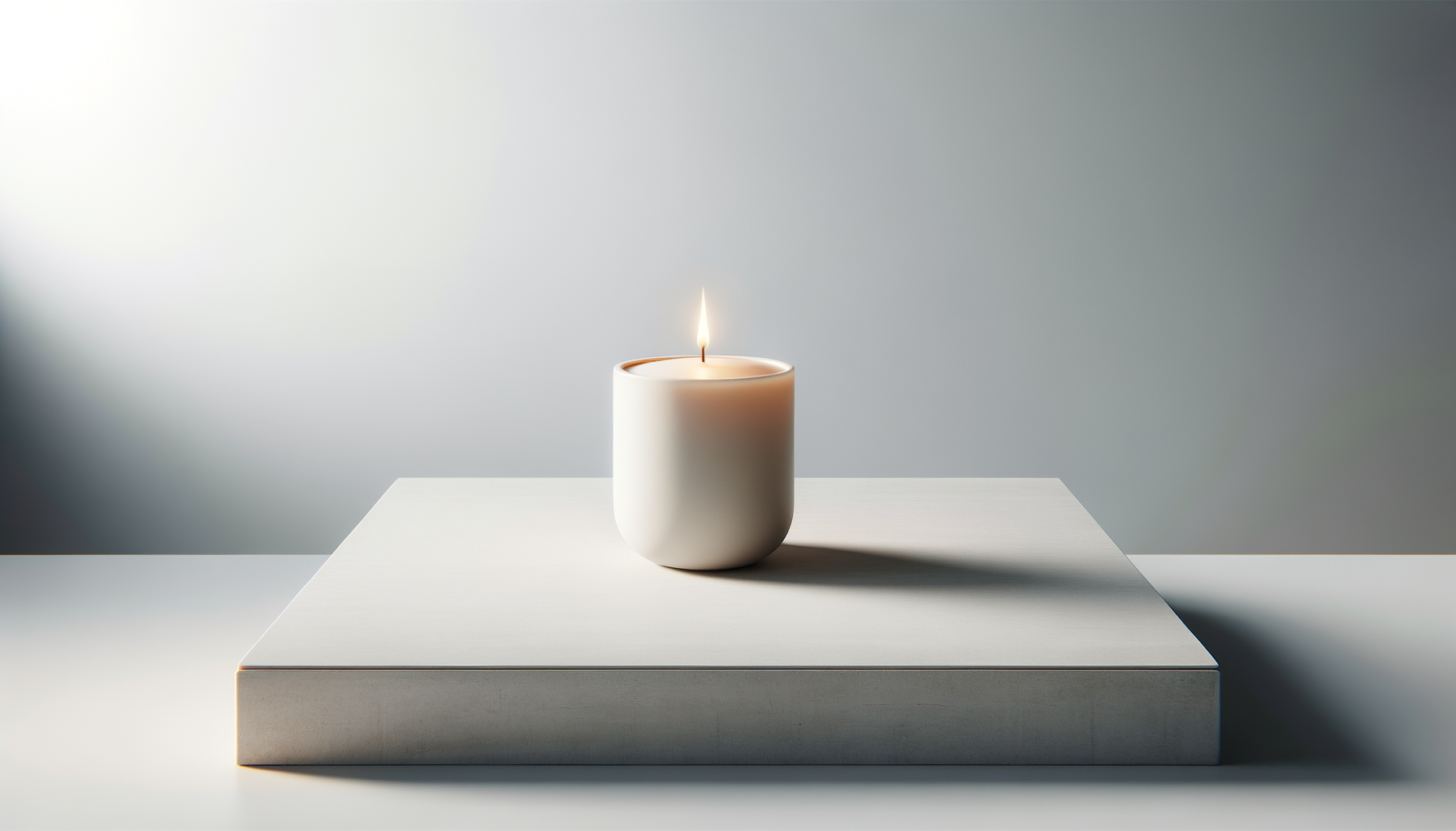 White cylindrical candle with a small flame on a white rectangular platform against a smooth grey background.