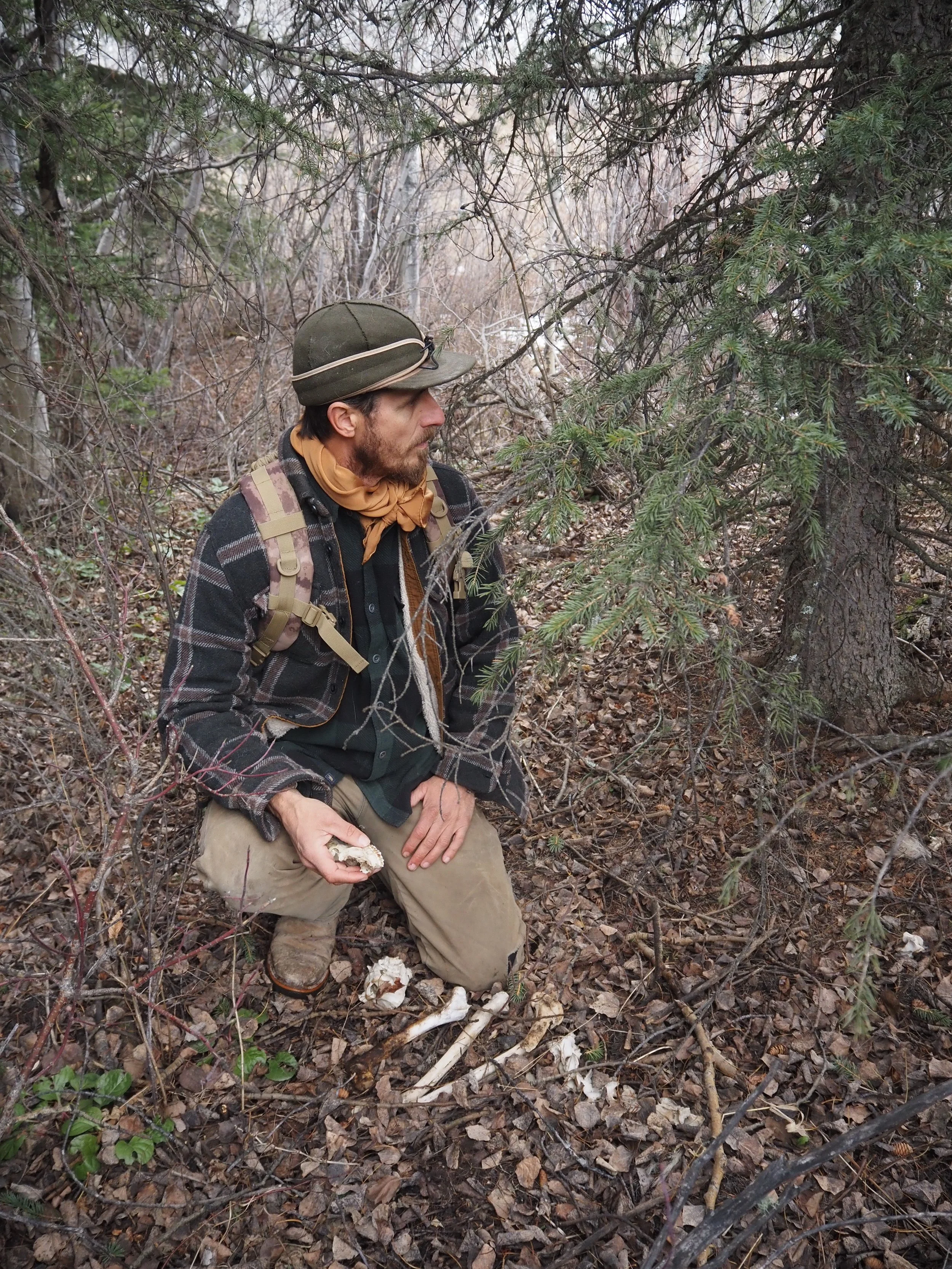 Mark Thompson looking at deer bones in the beartooth mountains of Montana near Yellowstone