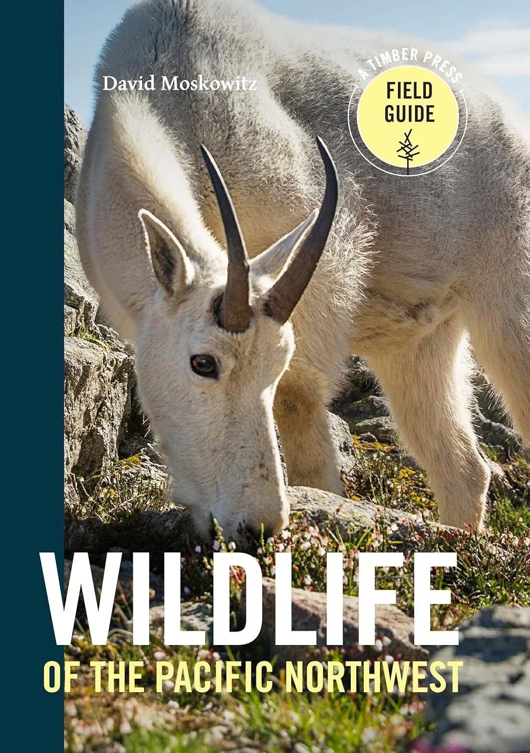 Cover of a wildlife guidebook featuring a mountain goat with curved horns grazing on rocky terrain with small flowers, under a clear sky.