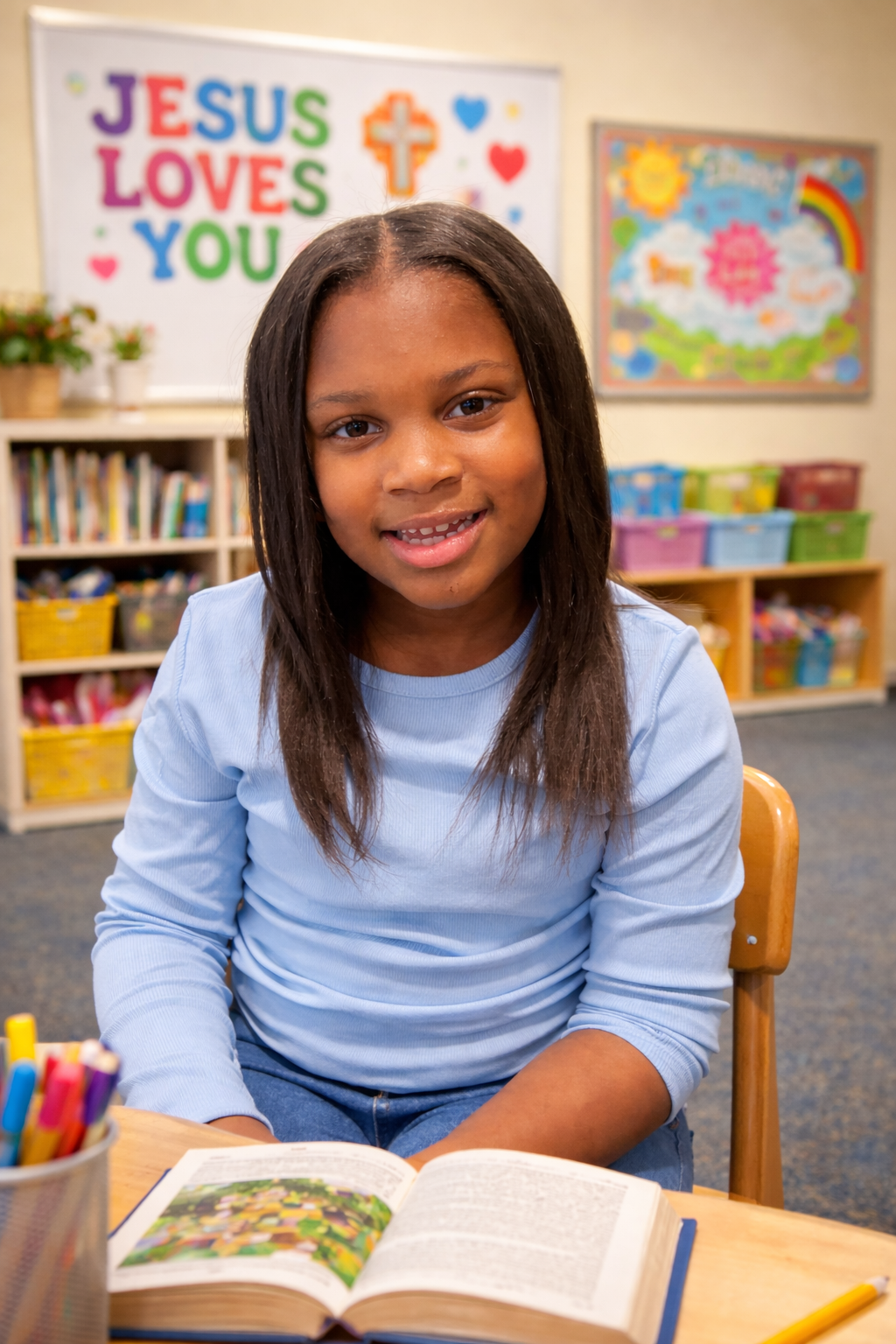 A young girl with long dark hair smiling at the camera in a classroom setting with colorful educational posters and shelves of books and supplies.