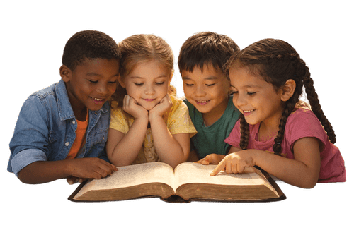 Four children reading a book together, smiling and engaging with the story.