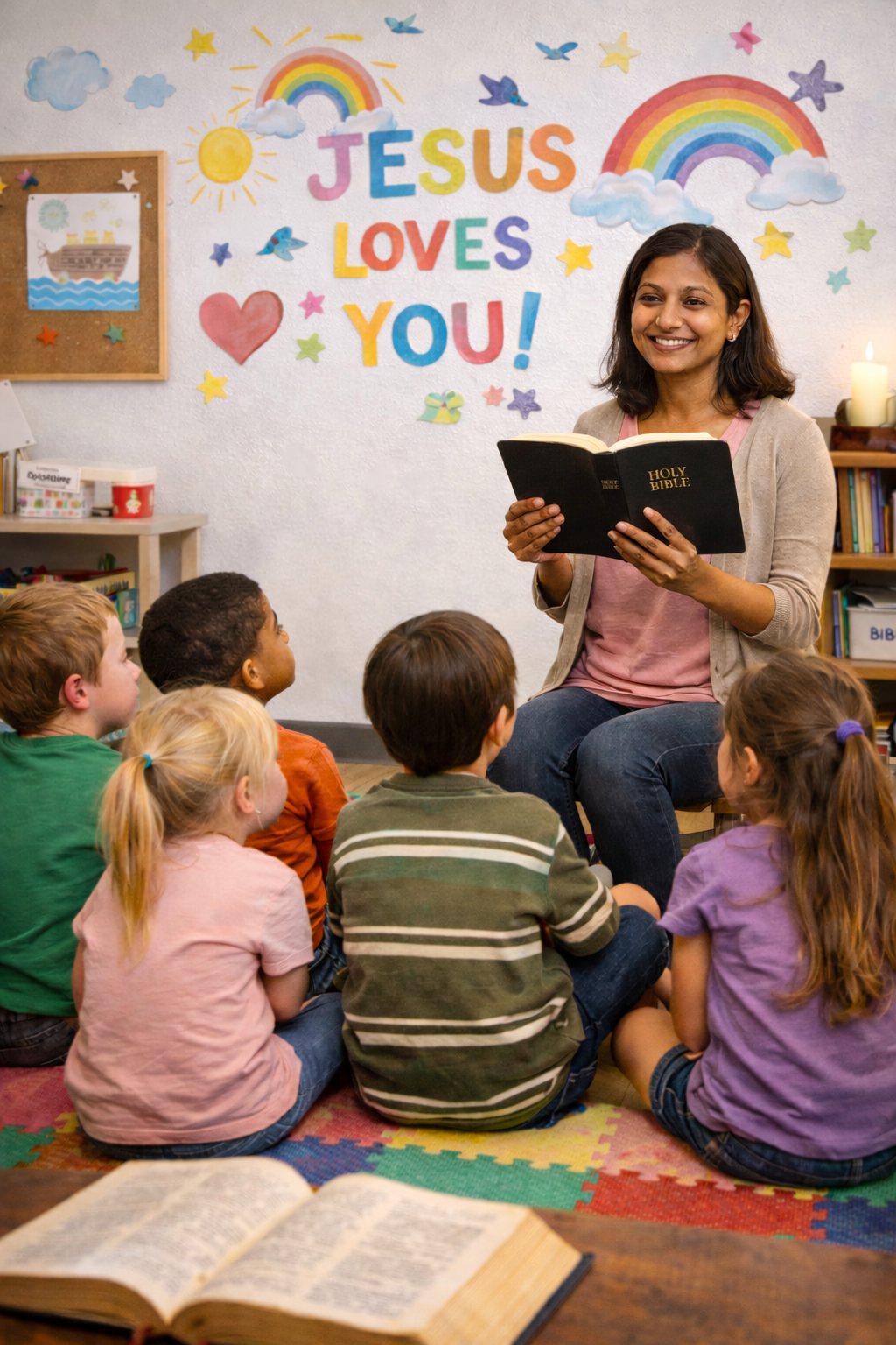 A woman holding a Holy Bible and smiling in front of a group of children in a classroom decorated with colorful rainbow and cloud cutouts, with a sign on the wall reading 'Jesus Loves You!'. The children are sitting on a colorful foam mat, attentively listening.