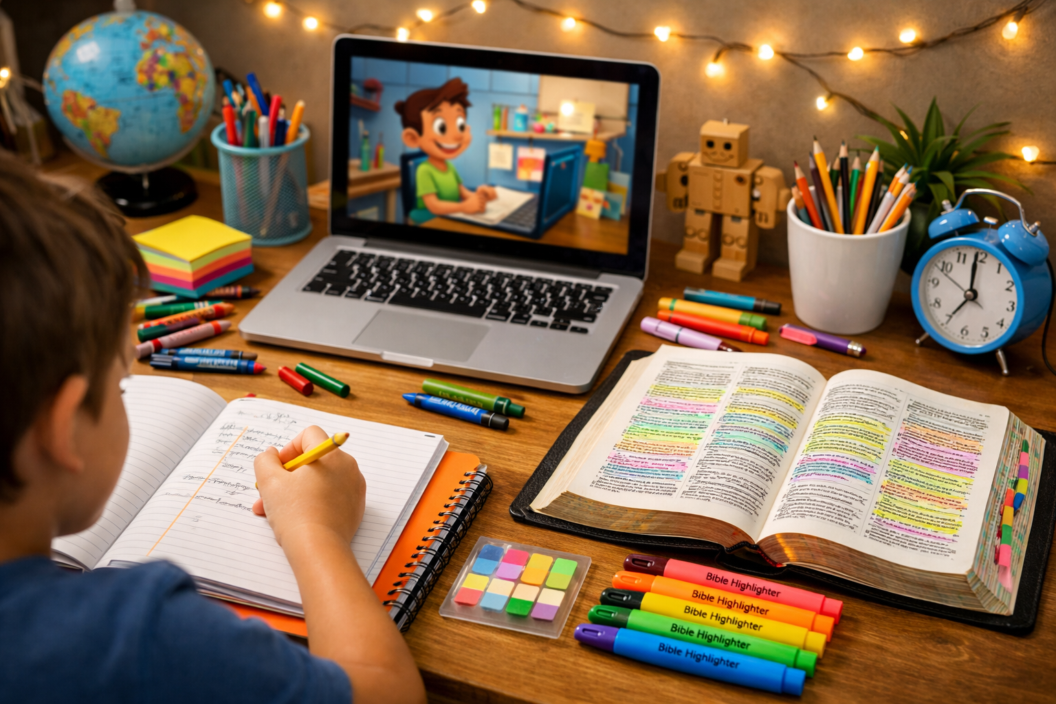 A child studying at a wooden desk with open books, colorful highlighters, and markers, watching a virtual lesson on a laptop with a cartoon teacher. The desk has a globe, a pencil holder with pens and pencils, and decorative string lights in the background.