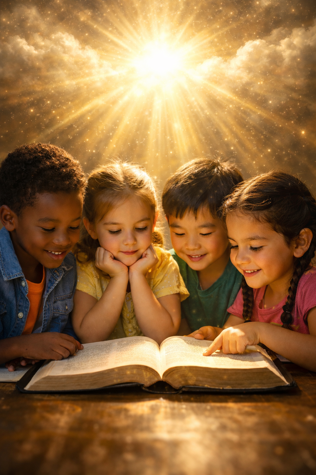 Children gathered around an open book, looking at it together with a glowing, radiant light shining above in the sky.
