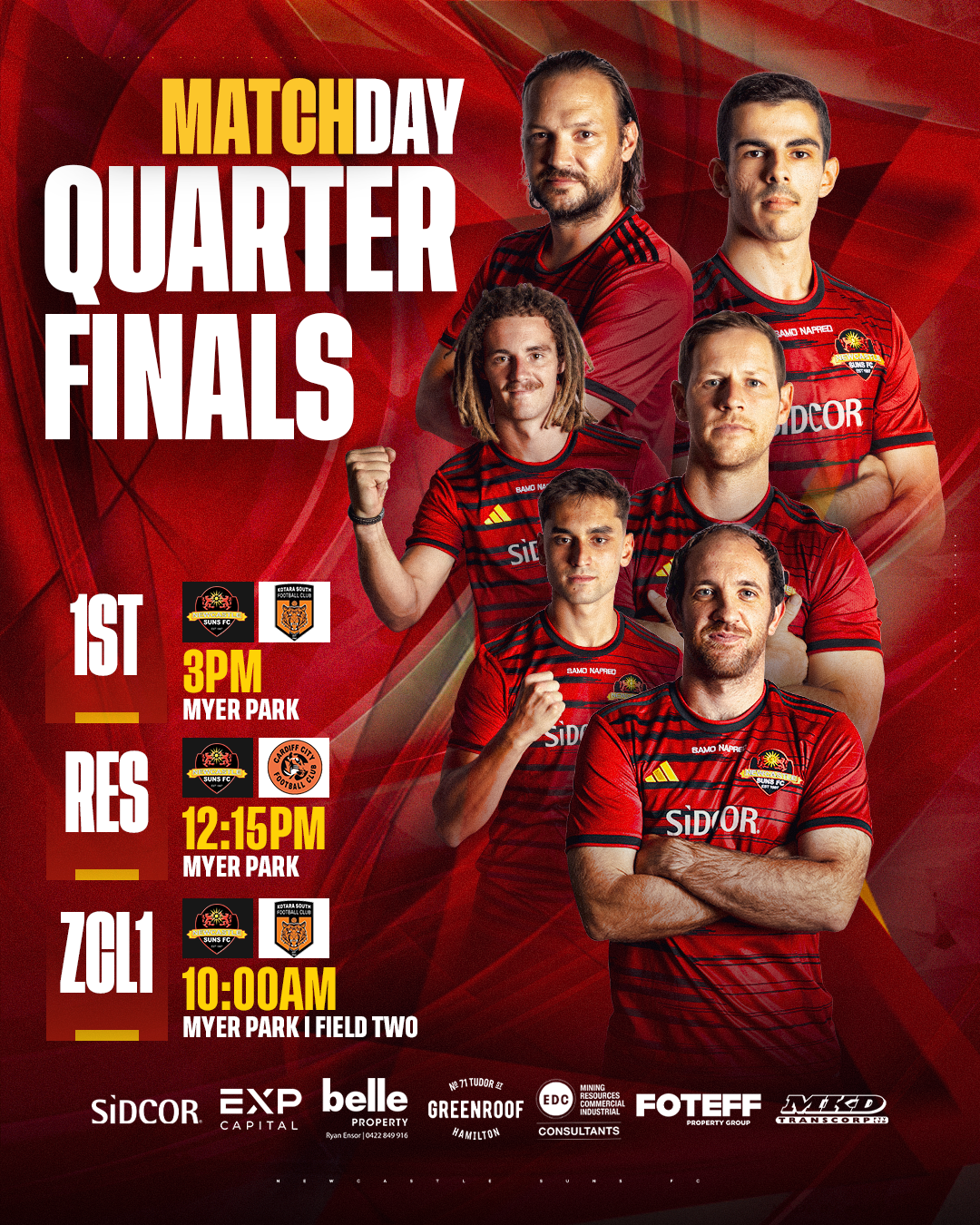 Promotional poster for soccer match quarterfinals with six players in red and black jerseys, match schedule including date and time, and various sponsor logos.