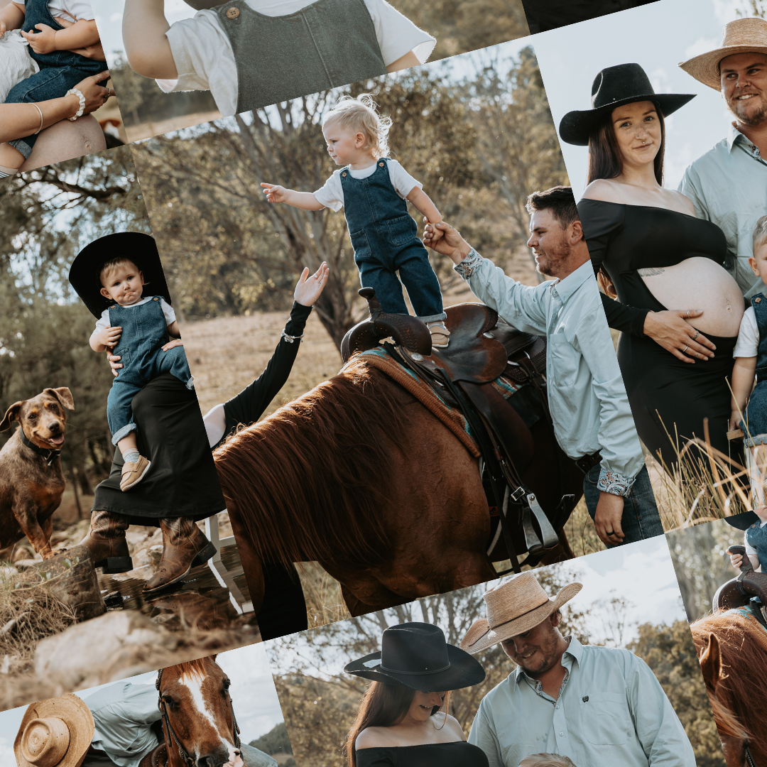 A family enjoying a day outdoors, with children interacting with a horse, a pregnant woman, and a dog in a rural setting with trees and grassy field.