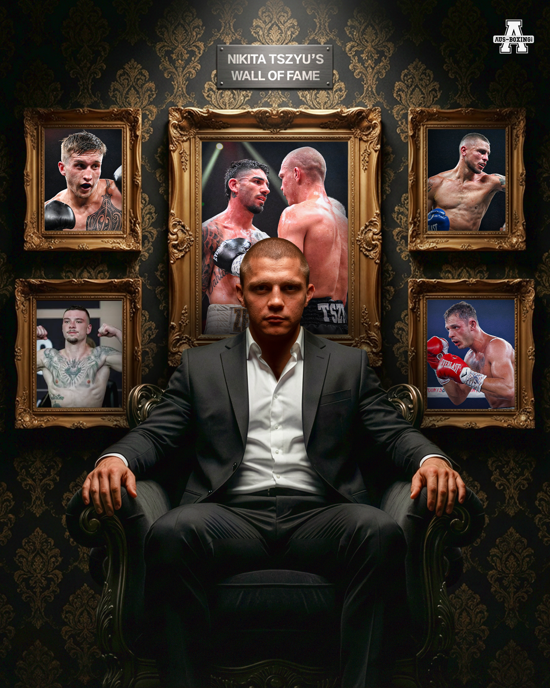 A young man in a suit sitting on a black ornate chair in front of a wall with framed photos of boxers and a sign that reads "Nikita Tszyu's Wall of Fame".
