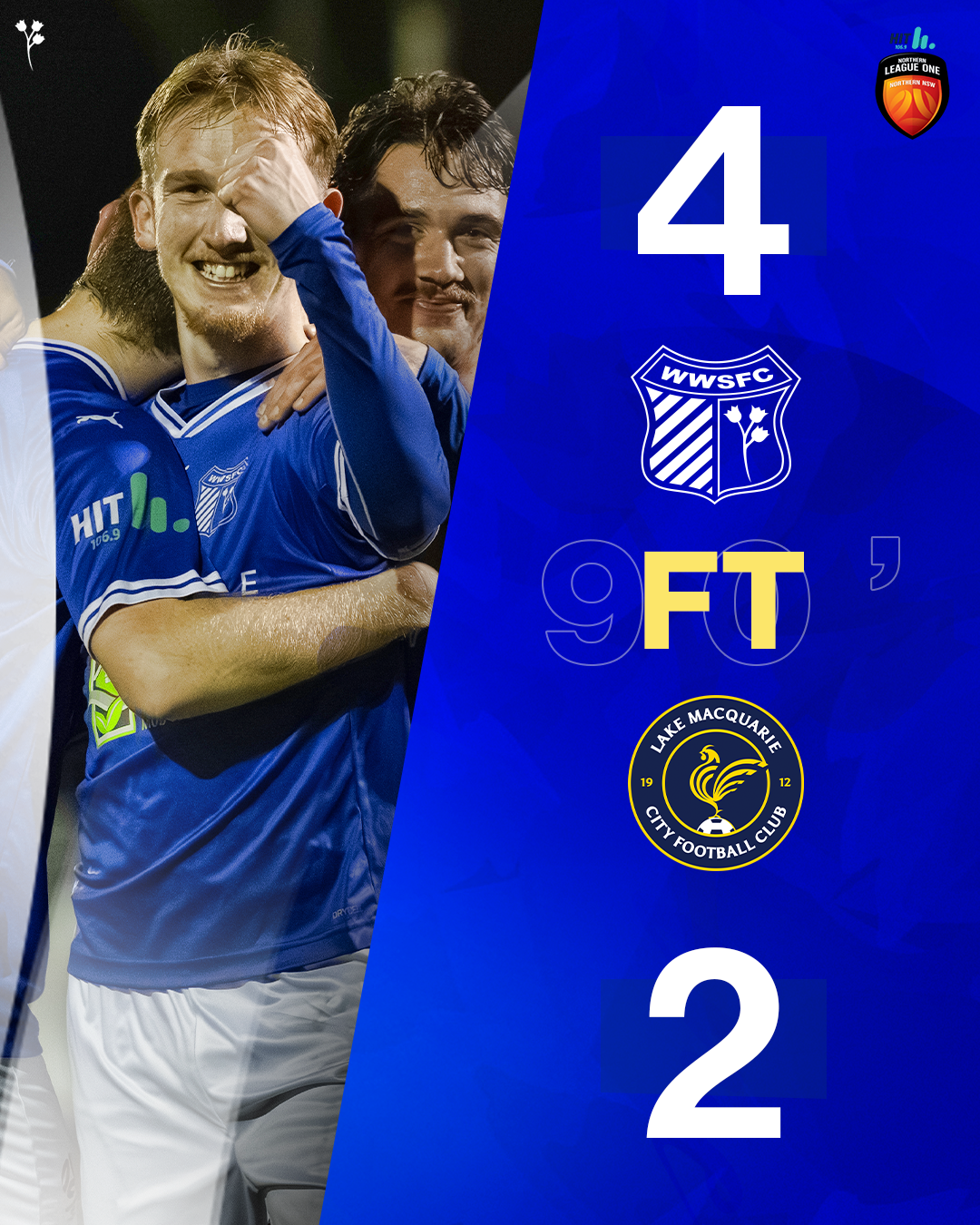 Soccer players celebrating a goal with a group hug, wearing blue jerseys. On the right, a graphic shows the final score: WWSFC 4, Lake Macquarie 2, with team logos, a large number 4 and 2, and the phrase '9 FT'.