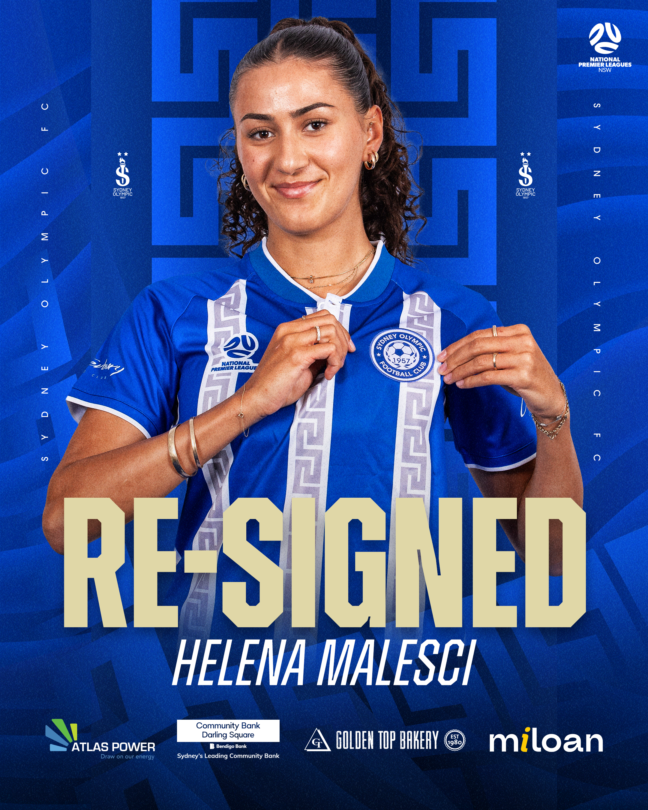 A woman in a blue Sydney Olympic football jersey holding the badge of the team, with the word "RE-SIGNED" and her name, Helena Malesci, in large letters on a blue background.