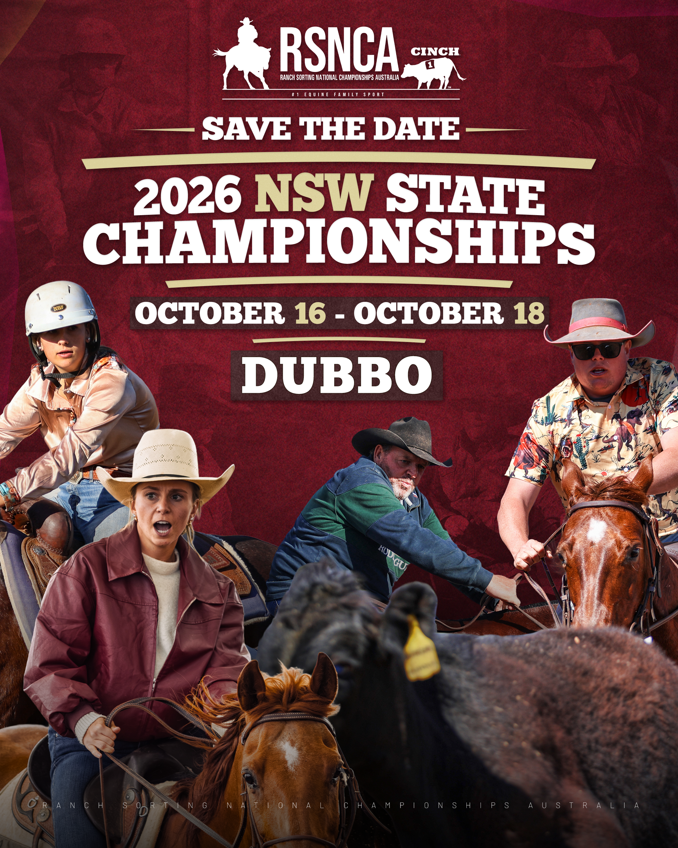 Poster advertising the 2026 NSW State Championships in Dubbo, Australia, scheduled from October 16 to 18, featuring images of people riding horses and cattle with a red background.