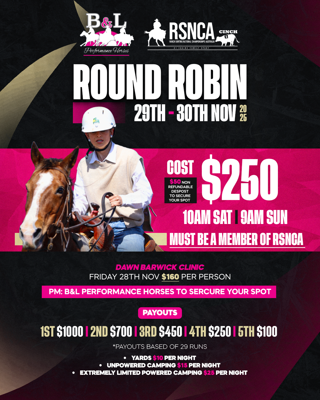 Event poster for round robin competition from November 29-30, 2025. Features a rider on a horse, event details, costs, times, and payout information with logos at the top.
