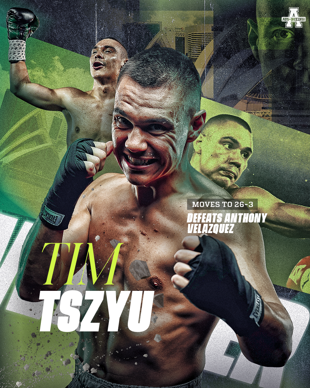 Image of a victorious male boxer with short dark hair, wearing black boxing gloves, posing with a fist near his face. Behind him, another boxer with a shaved head and face tattoos, yelling with one arm raised in celebration. To the right, a third box