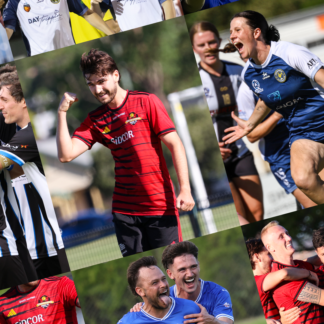 Collage of soccer players celebrating during a match, wearing various team uniforms, with some showing excitement and joy.