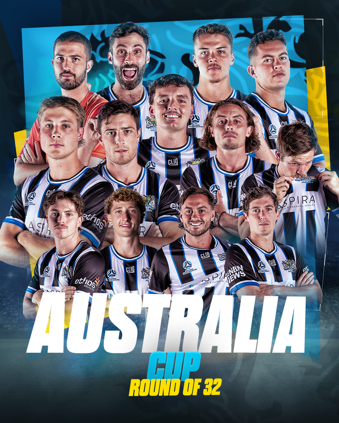 A group of male athletes in black and white striped soccer jerseys posing for a team photo in front of a blue and black background, with the text "Australia Cup Round of 32" at the bottom.