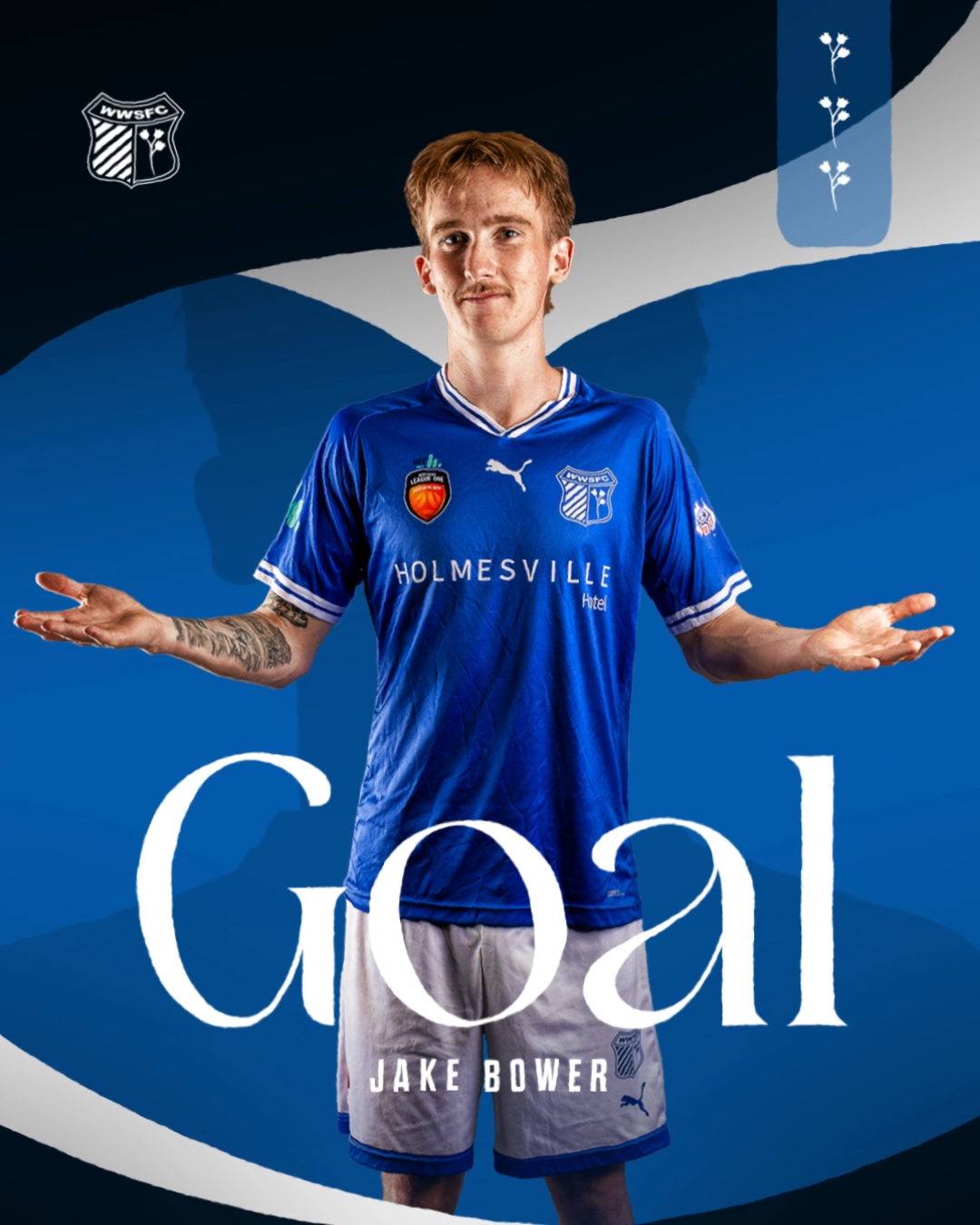A young man in a blue soccer jersey with the word 'Goal' and the name 'Jake Bower' written underneath. He has short, red hair and tattoos on his arms, and is standing with a shrugging gesture on a blue and gray background with sports logos and the wo