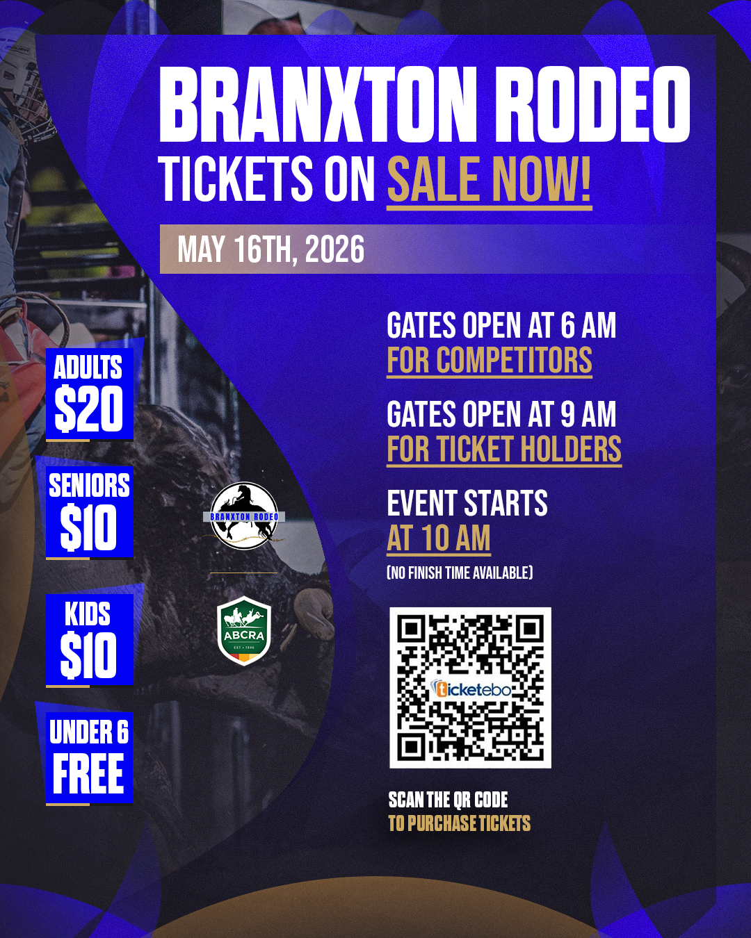 Event poster for the Branxton Rodeo on May 16th, 2026, with ticket prices for adults, seniors, kids, and free entry for under 6, featuring event start times, gate opening hours, and a QR code for ticket purchase.