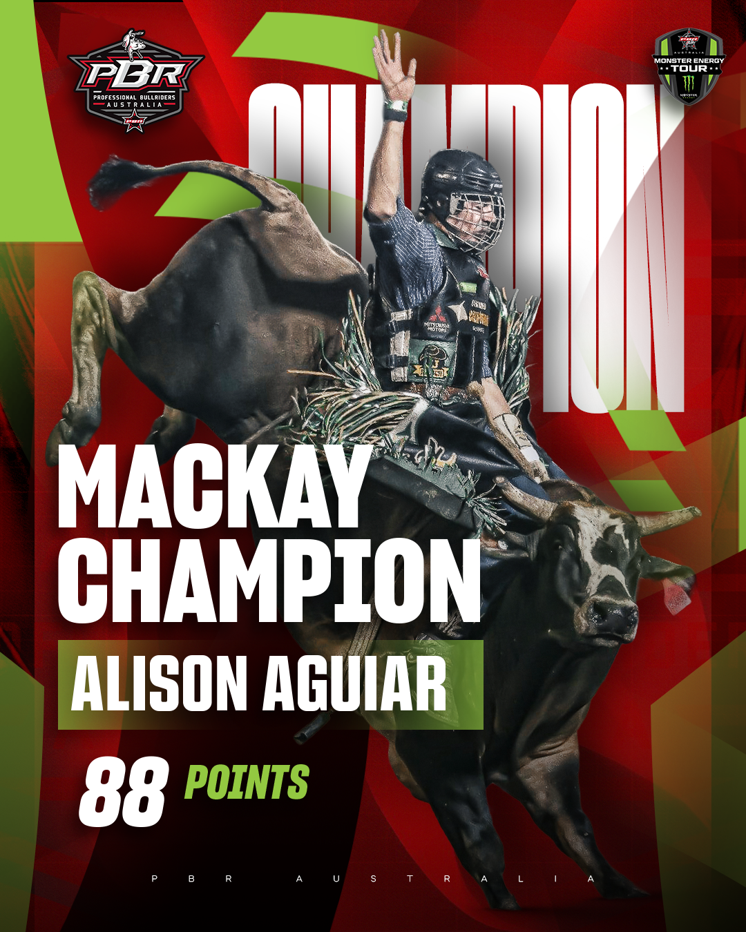 Posters celebrating Alison Aguiar as the champion with 88 points, featuring a rodeo or bull riding theme with a bull and a rider in protective gear.