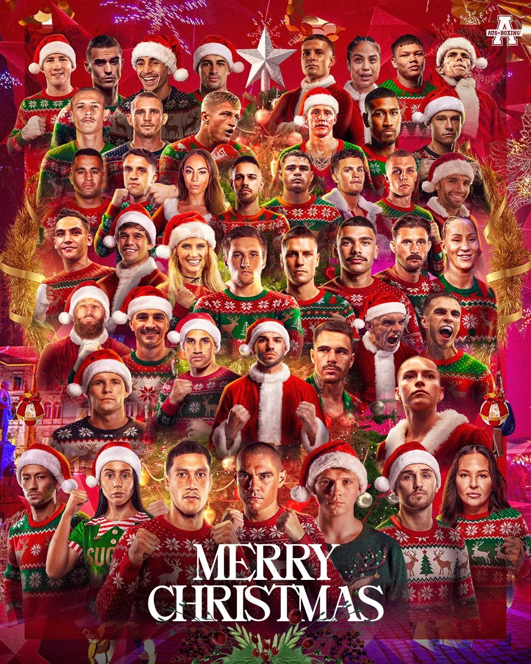 A collage of people dressed in Christmas sweaters, Santa hats, and holiday-themed attire, with a festive background featuring a decorated Christmas tree, lights, and ornaments. The text 'Merry Christmas' is at the bottom of the image.