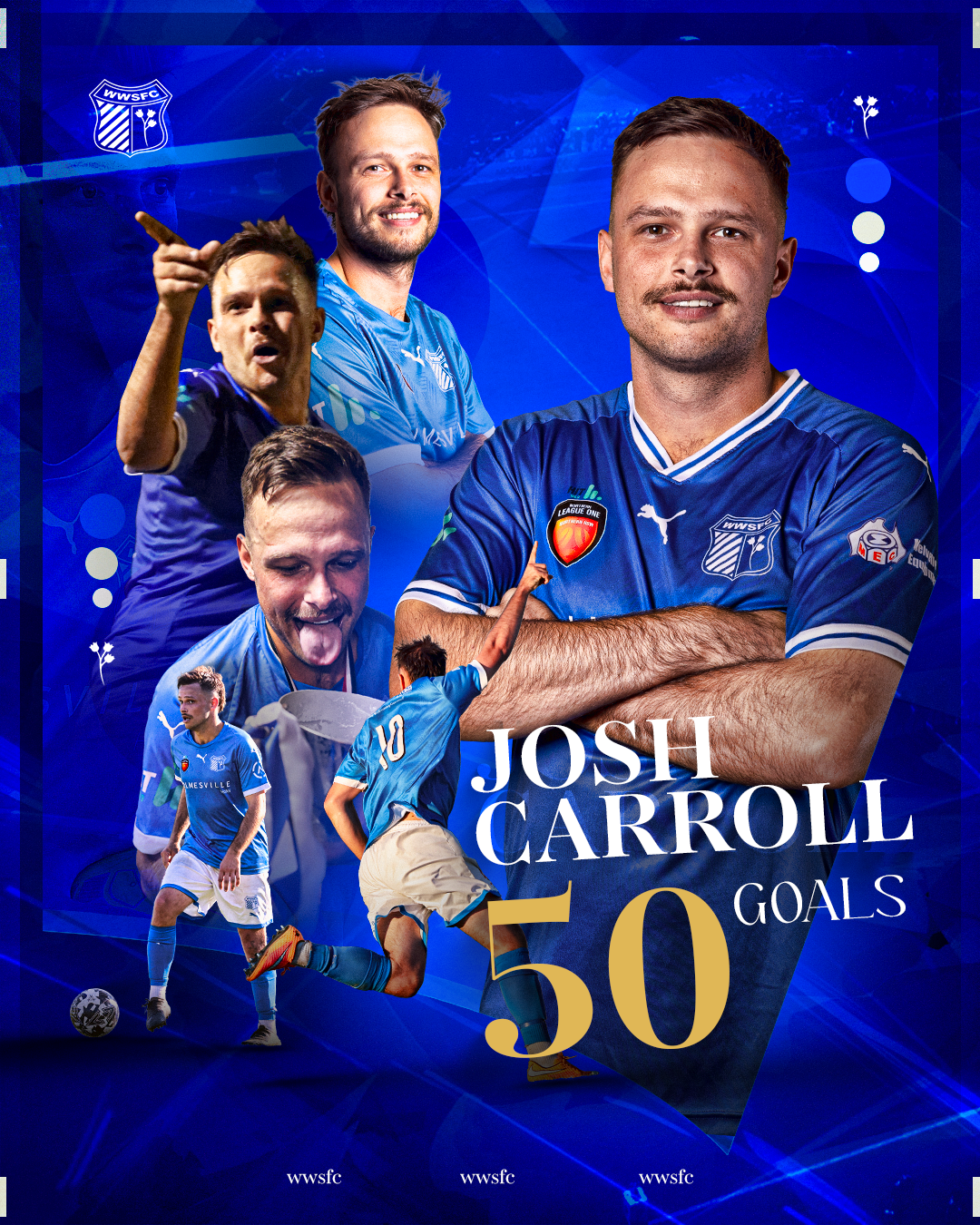 A collage of soccer player Josh Carroll in various poses and expressions, wearing a blue jersey with the number 10. The text overlay says "Josh Carroll 50 Goals."