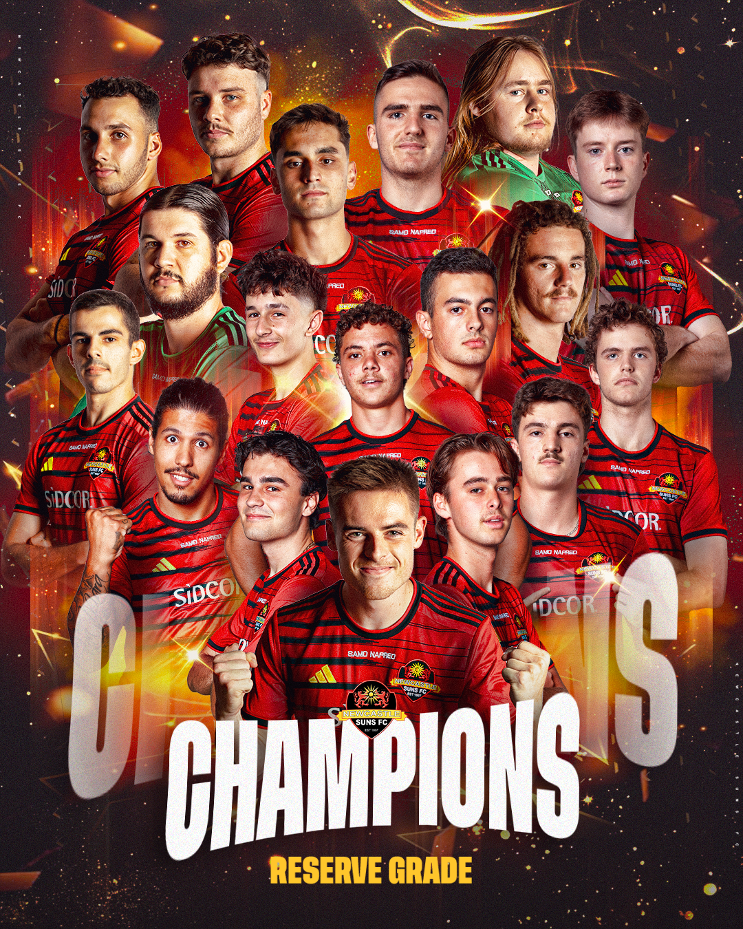 A group of soccer players in red and black jerseys, celebrating their championship victory, with text overlay reading 'CHAMPIONS' and 'RESERVE GRADE,' and a festive background.