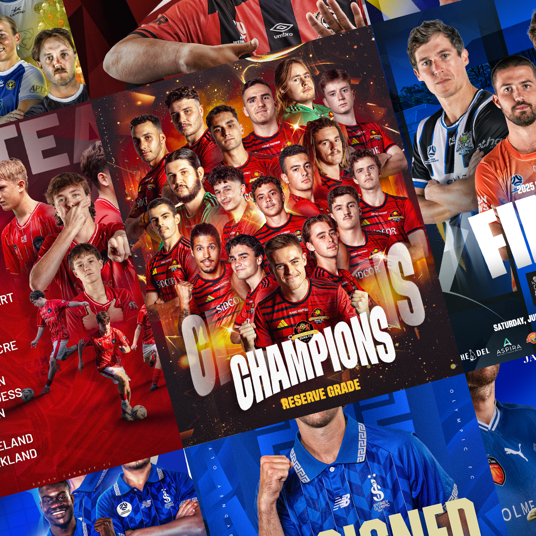 A collage of sports team posters, including a group of soccer players in red uniforms celebrating, with the word 'Champions' and 'Reserve Grade' on the poster.