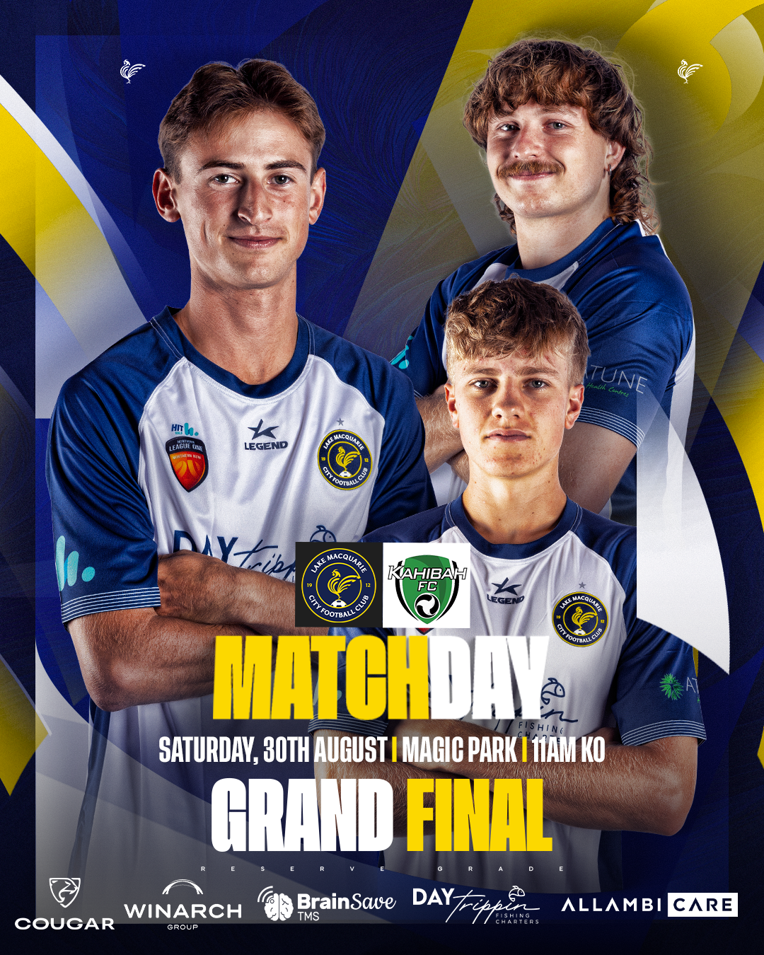 Poster advertising a soccer match between Lake Macquarie City Football Club and Kahibah FC on Saturday, August 30th at Magic Park, 11 a.m. KO, featuring three players in blue and white jerseys with team logos and sponsor logos.