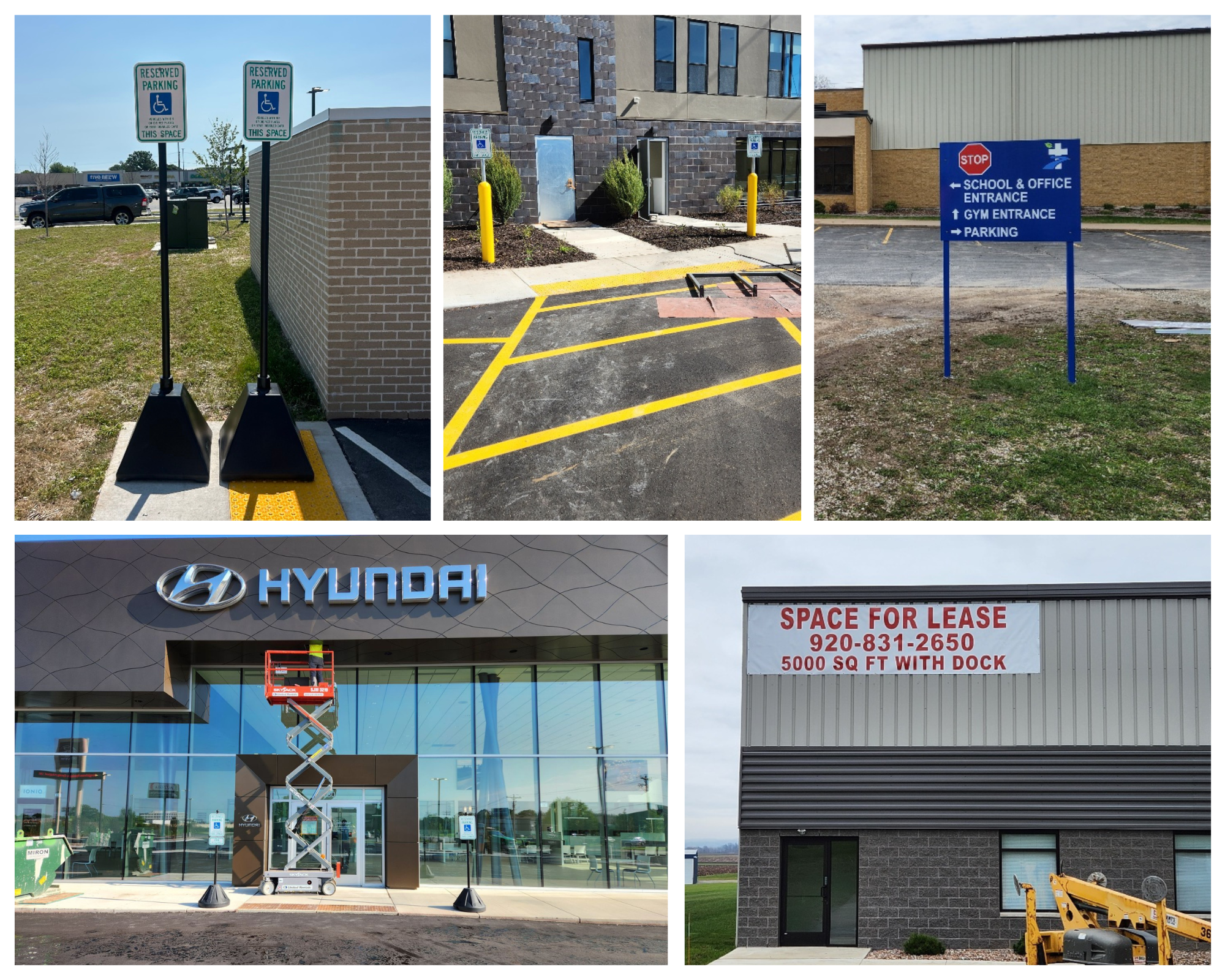 Collage of five images showing various parking and commercial building areas: two reserved handicapped parking signs with curb stops; parking lot with striped spaces and yellow painted barriers; a sign with directions to school, gym, and parking areas; a Hyundai dealership storefront with a lift and workers; and a commercial building with a lease sign and a construction lift.
