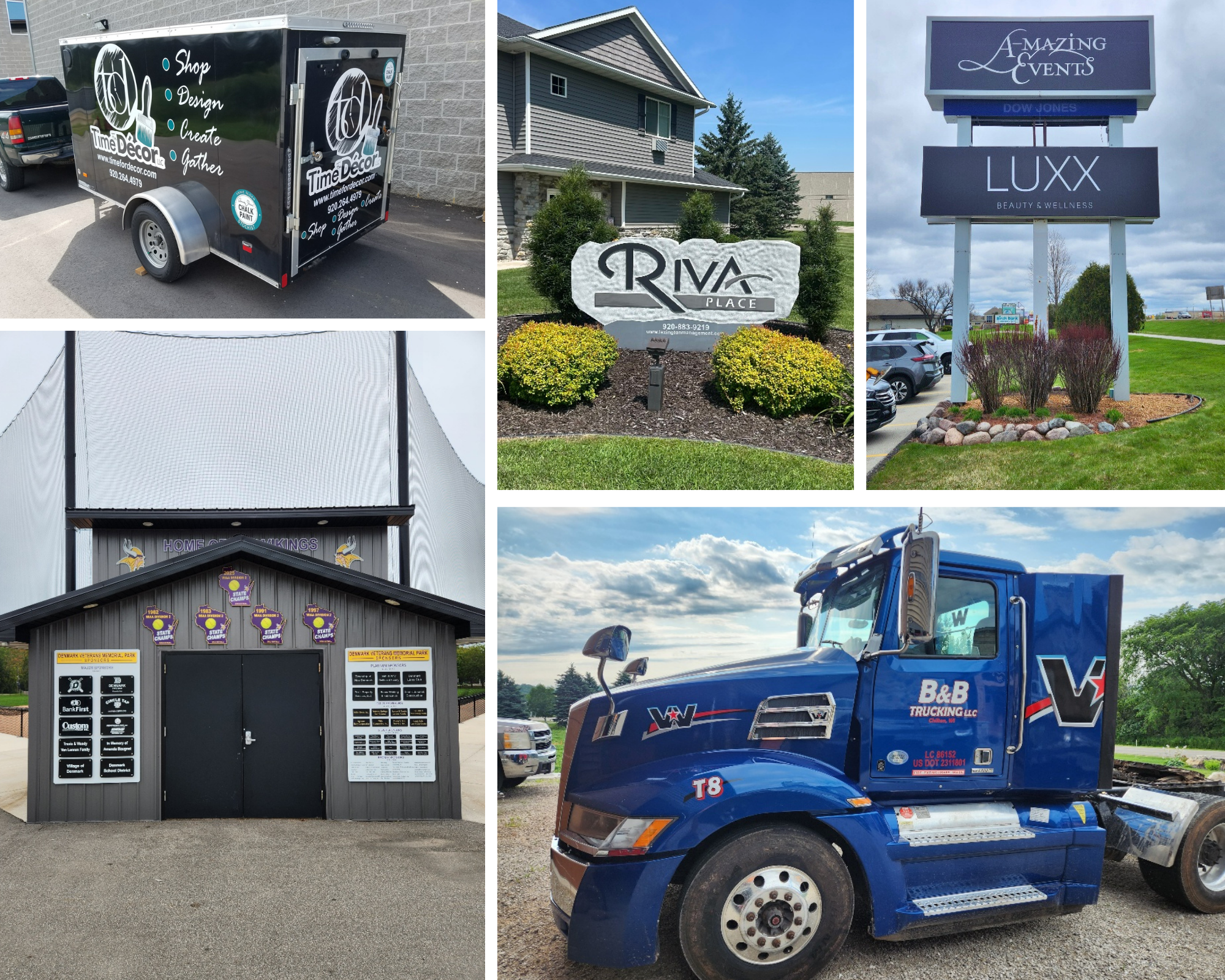 A collage of five images including a black trailer with white graphics, a residential neighborhood with a sign for Riva Place, a sign for A-Mazing Events and Luxx in a shopping area, a building with a sign for Home of Kings, and a blue semi-truck.