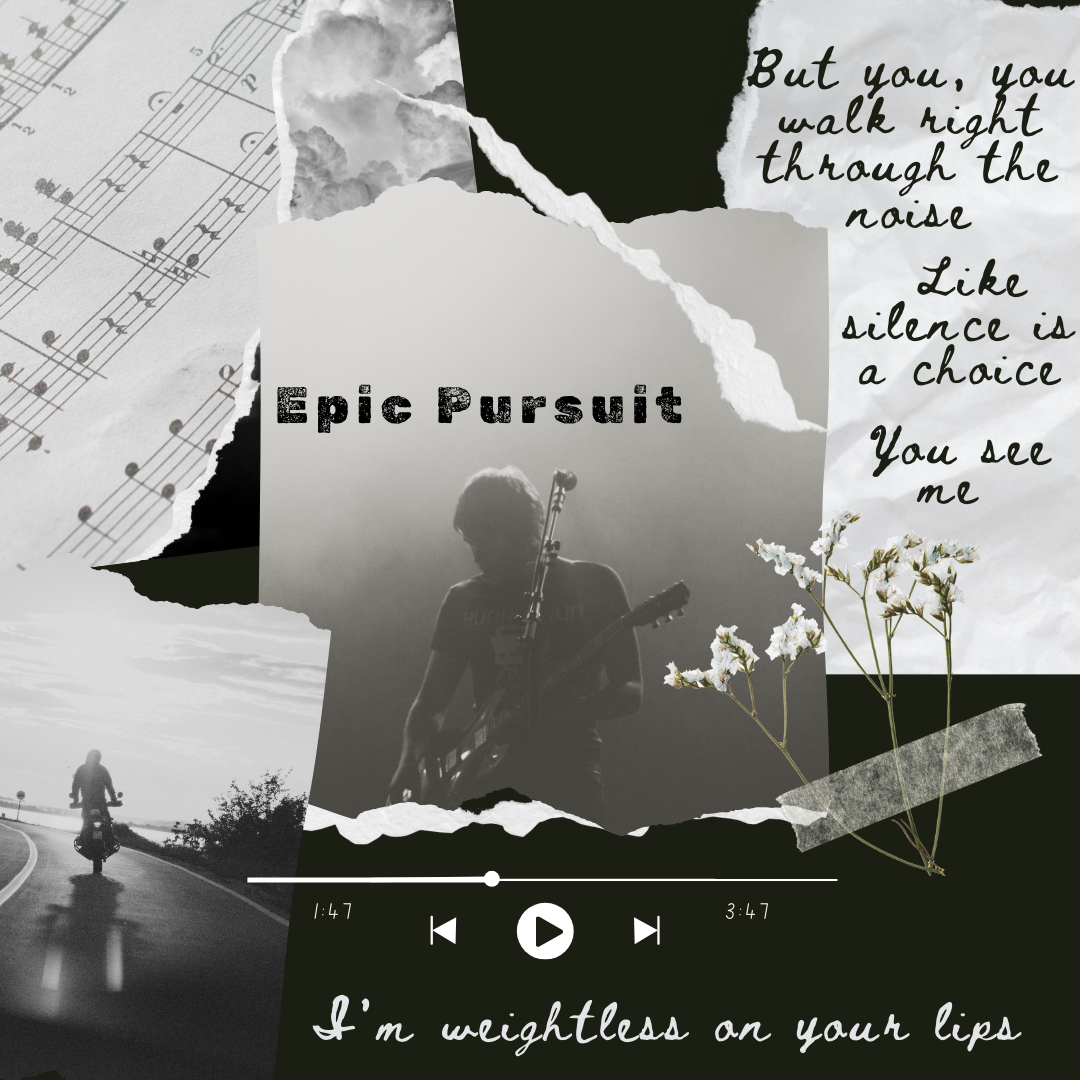 Black White Scrapbook Photo Collage with music lyrics, a man riding a motorcycle and a man singing