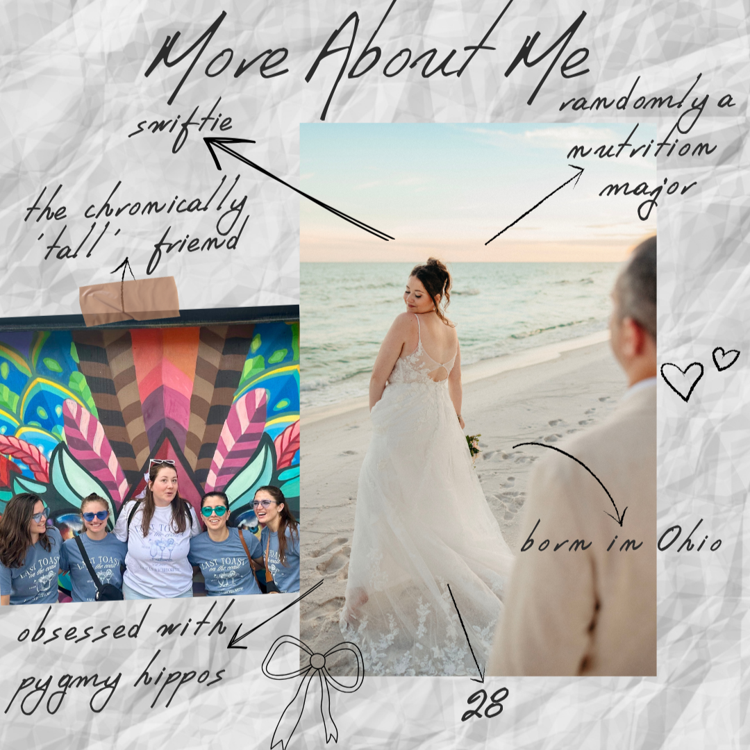 Woman in a wedding dress smiling, arrows pointing to random facts and a bachelorette group posing in front of mural