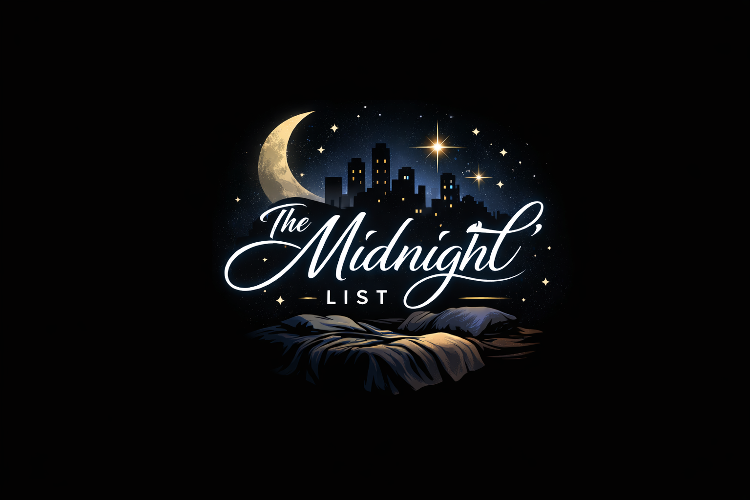 bed underneath a starry sky, with a large moon and city scape in the background