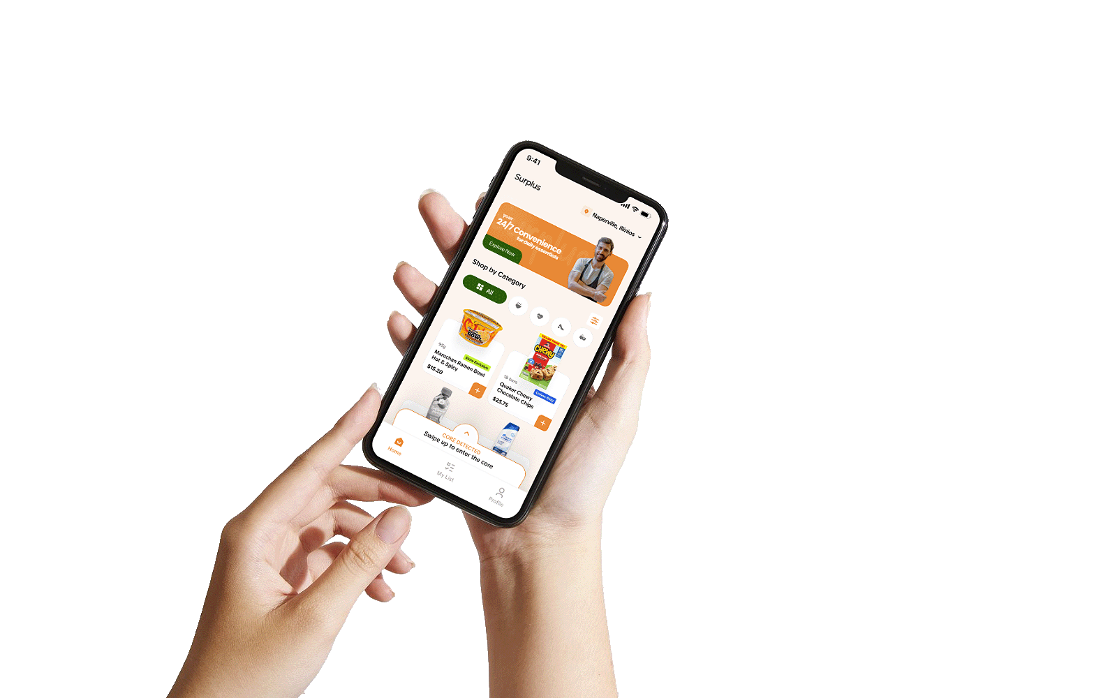 Person holding a smartphone displaying an online shopping app with grocery items listed.
