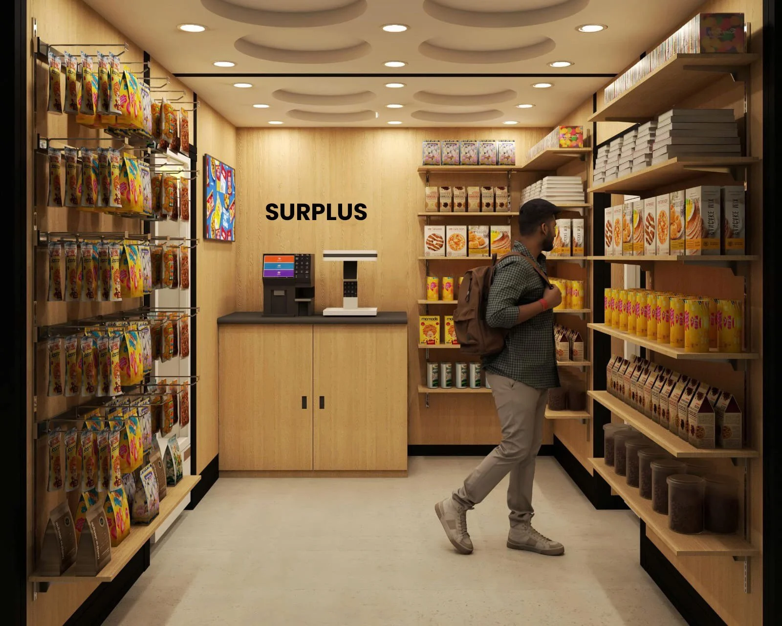 A man with a backpack shopping in a small grocery store with wooden shelves stocked with snacks, cereals, and boxed foods. The store has a cash register counter with a digital scale and colorful screens. The wall behind has the word 'SURPLUS' written in black letters.