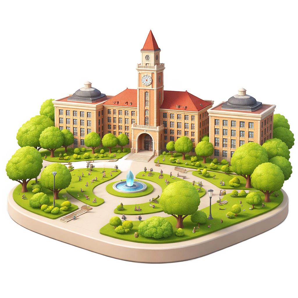 A detailed architectural model of a large school building with a clock tower, surrounded by lush green trees, benches, and a fountain in the front yard.