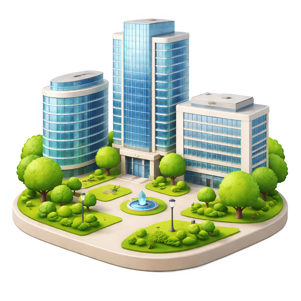 Model of a modern urban park with three high-rise buildings surrounded by green trees, benches, street lamps, and a small fountain.