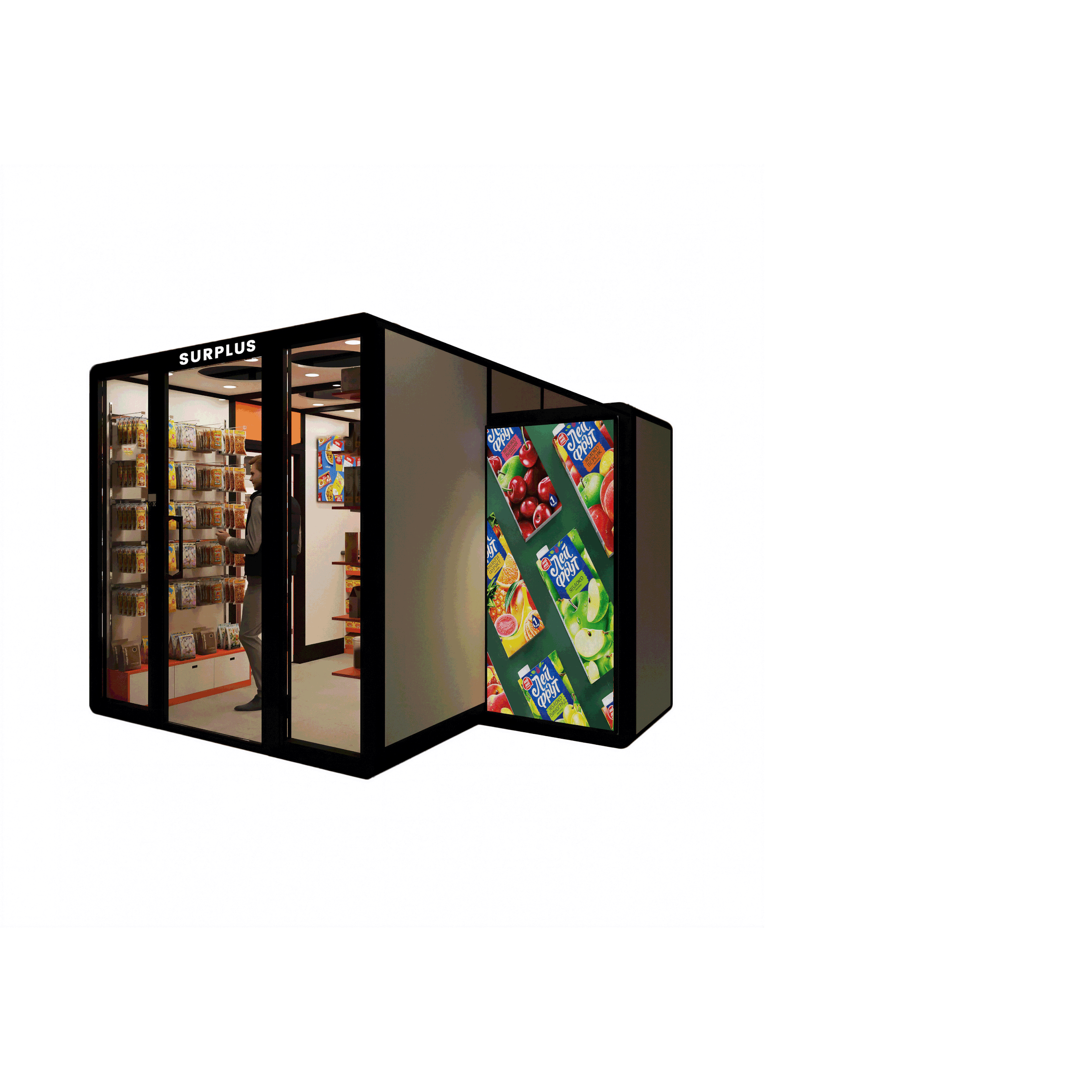 A small retail kiosk with glass doors and digital advertisements for fruit snacks.