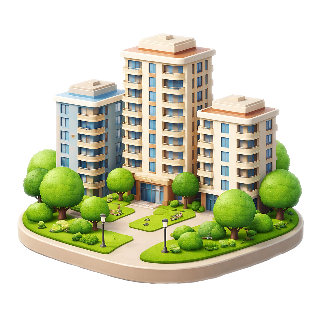 A miniature model of a residential apartment complex with three multi-story buildings surrounded by green trees, benches, and lampposts in a park-like setting.