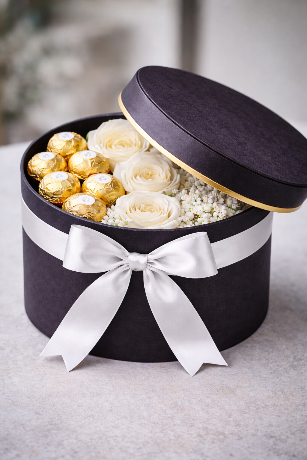 Small round black box white bow white roses Noir Rose Box-.png