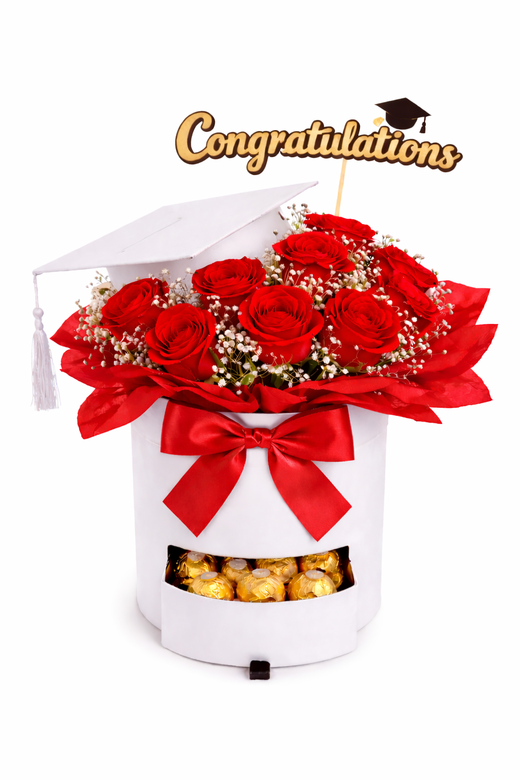 Graduation bouquet with chocolates and cap.png